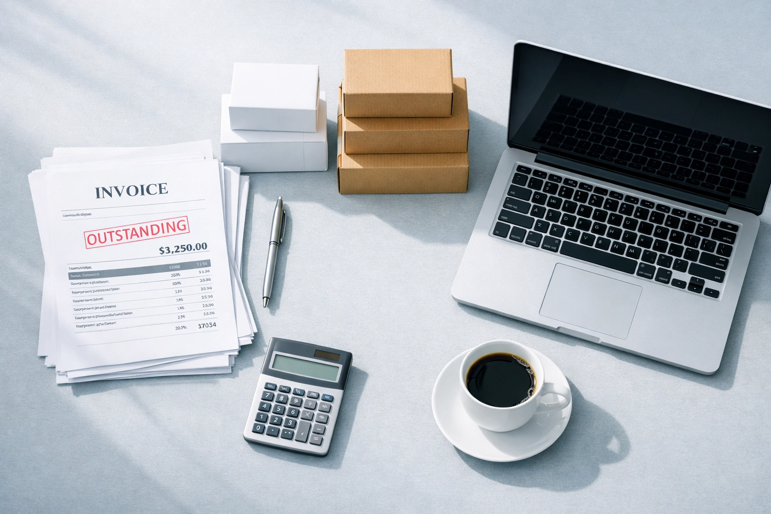 Business desk showing unpaid invoices, inventory, and equipment that drain available cash