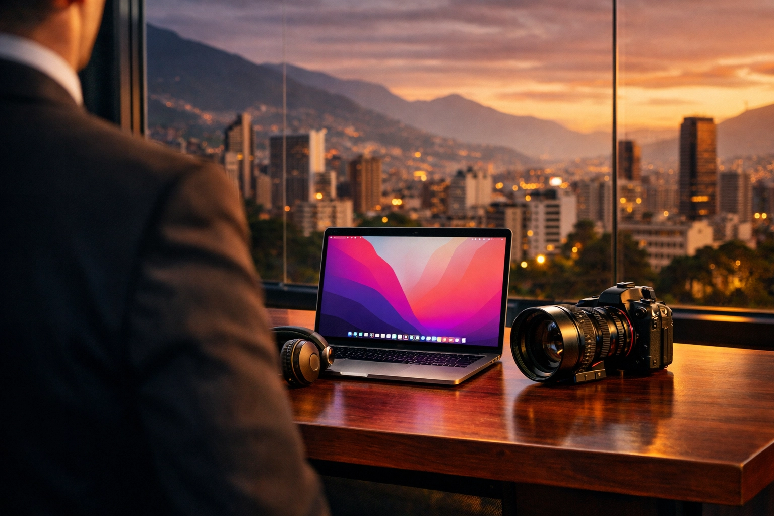 A bodyguard medellin stands guard over expensive laptops and camera gear in a professional music studio.
