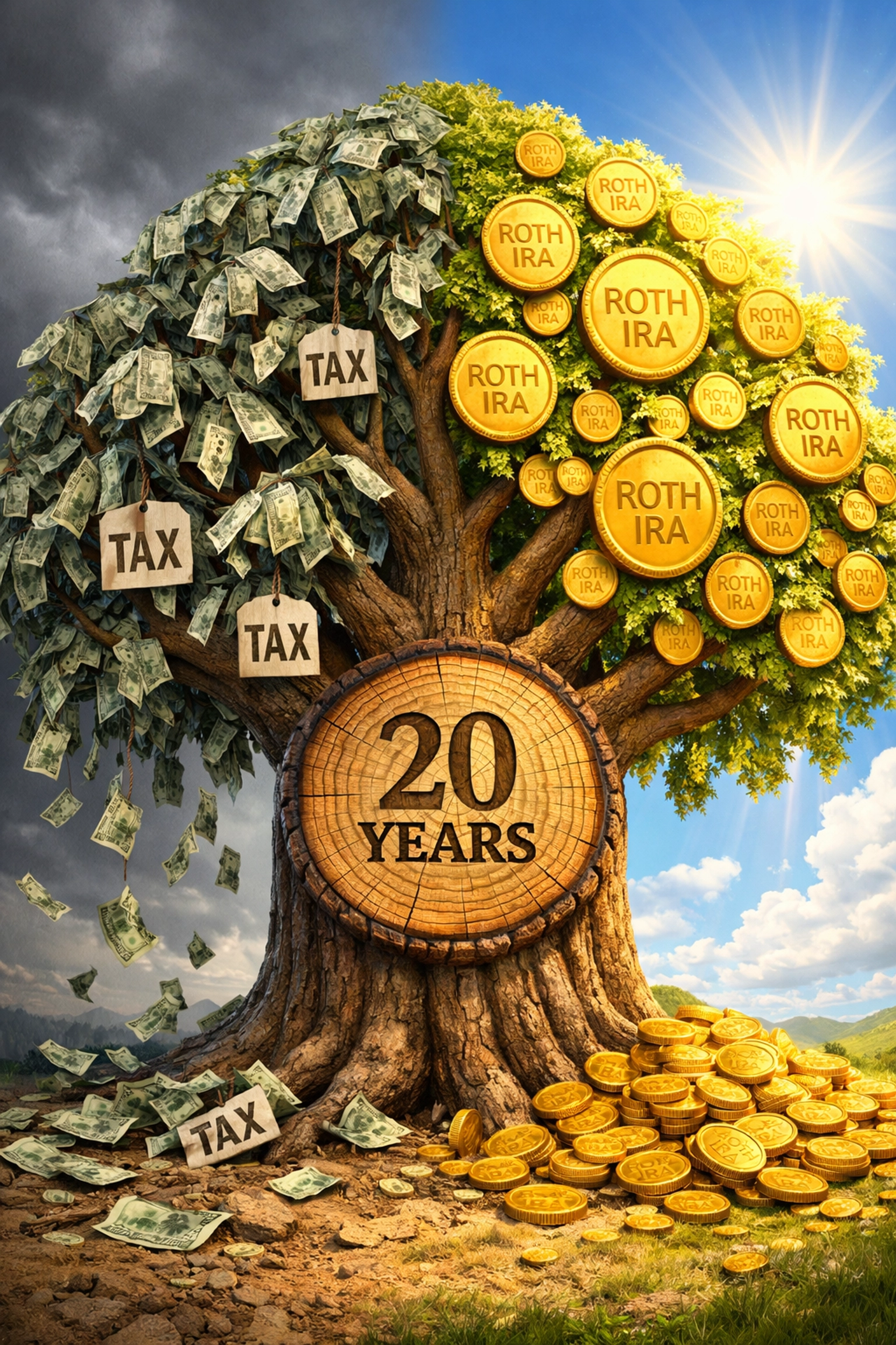 Twenty-year growth comparison of taxed retirement accounts versus tax-free Roth IRAs
