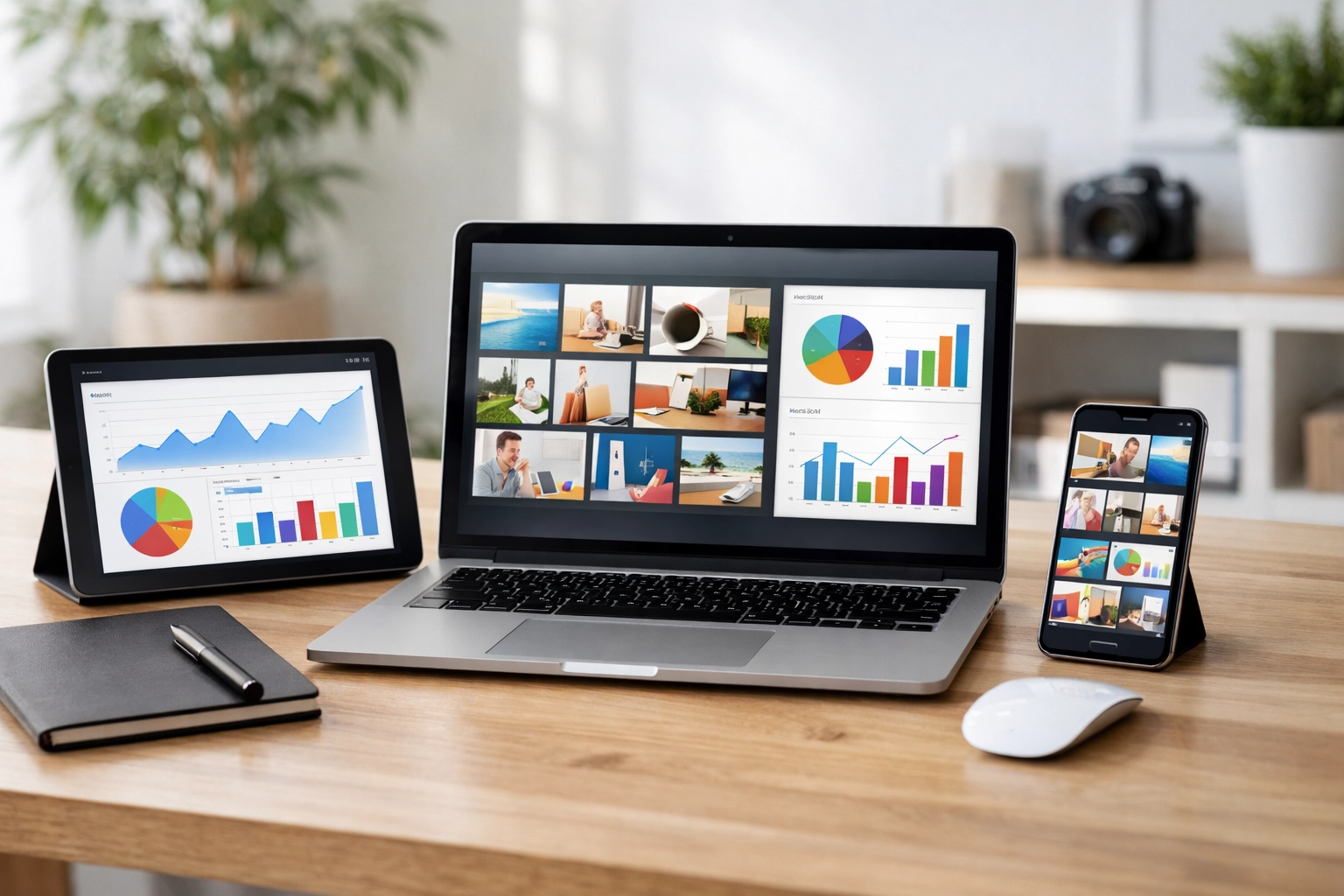 Modern creative workstation showing a multi-platform digital media workflow across a laptop, tablet, and smartphone.