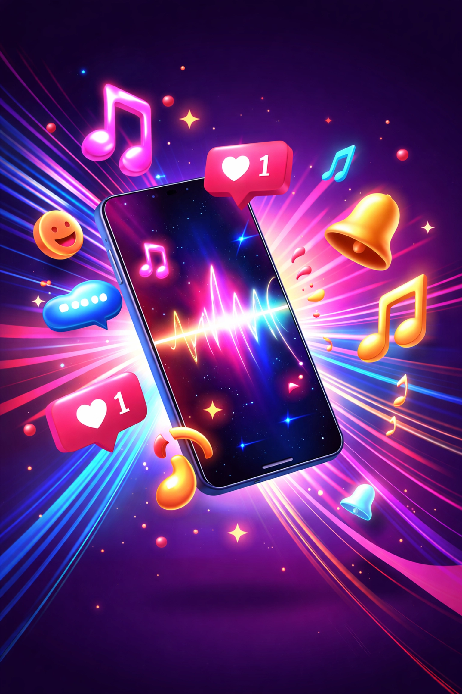 Smartphone showing music, sound waves, and social media icons, illustrating direct artist-to-fan connection online.