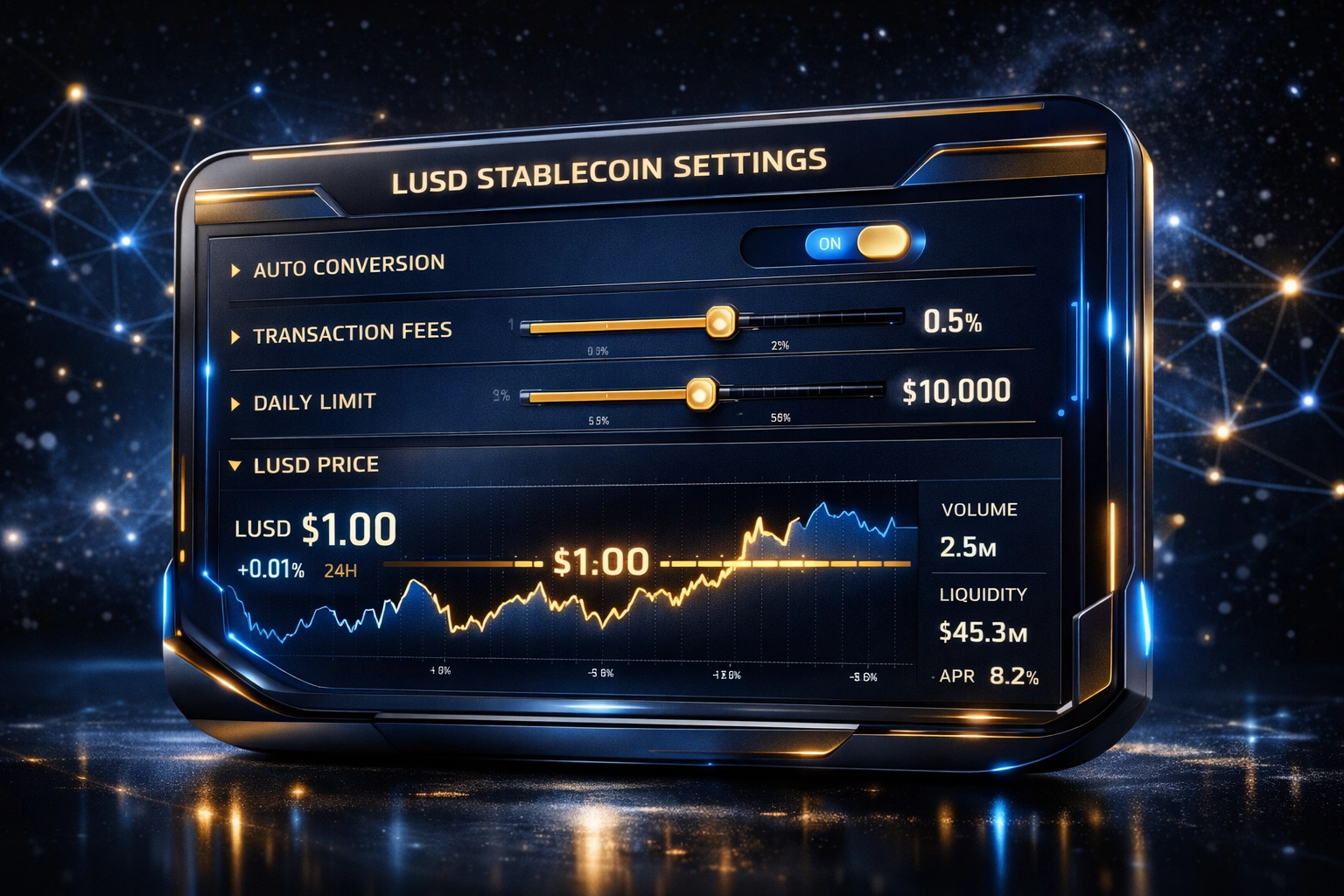 LUSD stablecoin merchant dashboard showing payment settings and currency conversion options for Web3 payments