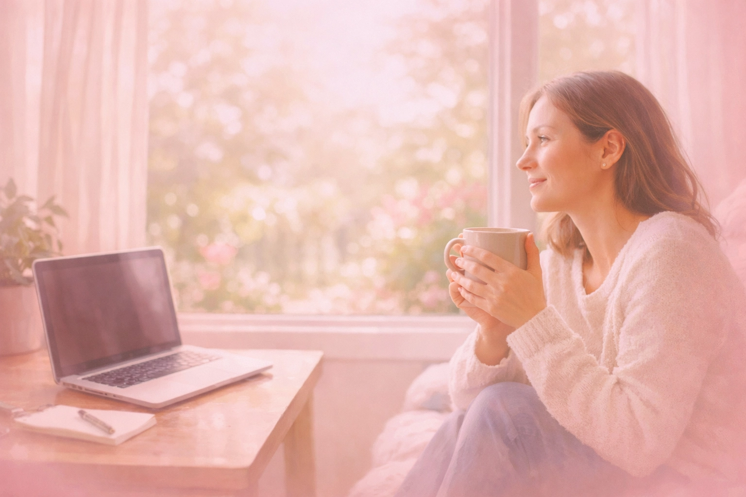 A woman sitting peacefully with a laptop, illustrating accessible telehealth and mental health support for survivors.