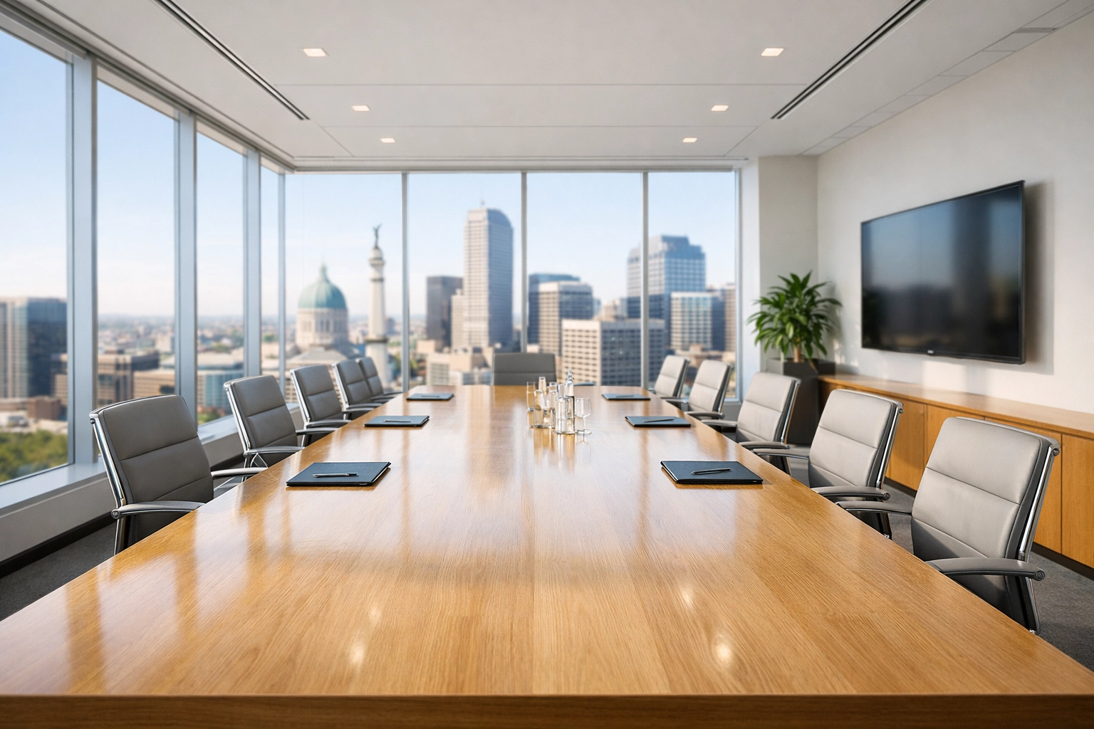 Clean corporate boardroom in Indianapolis reflecting high standards for professional office cleaning services.