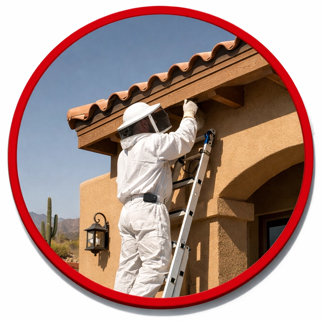 Professional bee removal technician inspecting eaves for safe wasp and hive extraction.