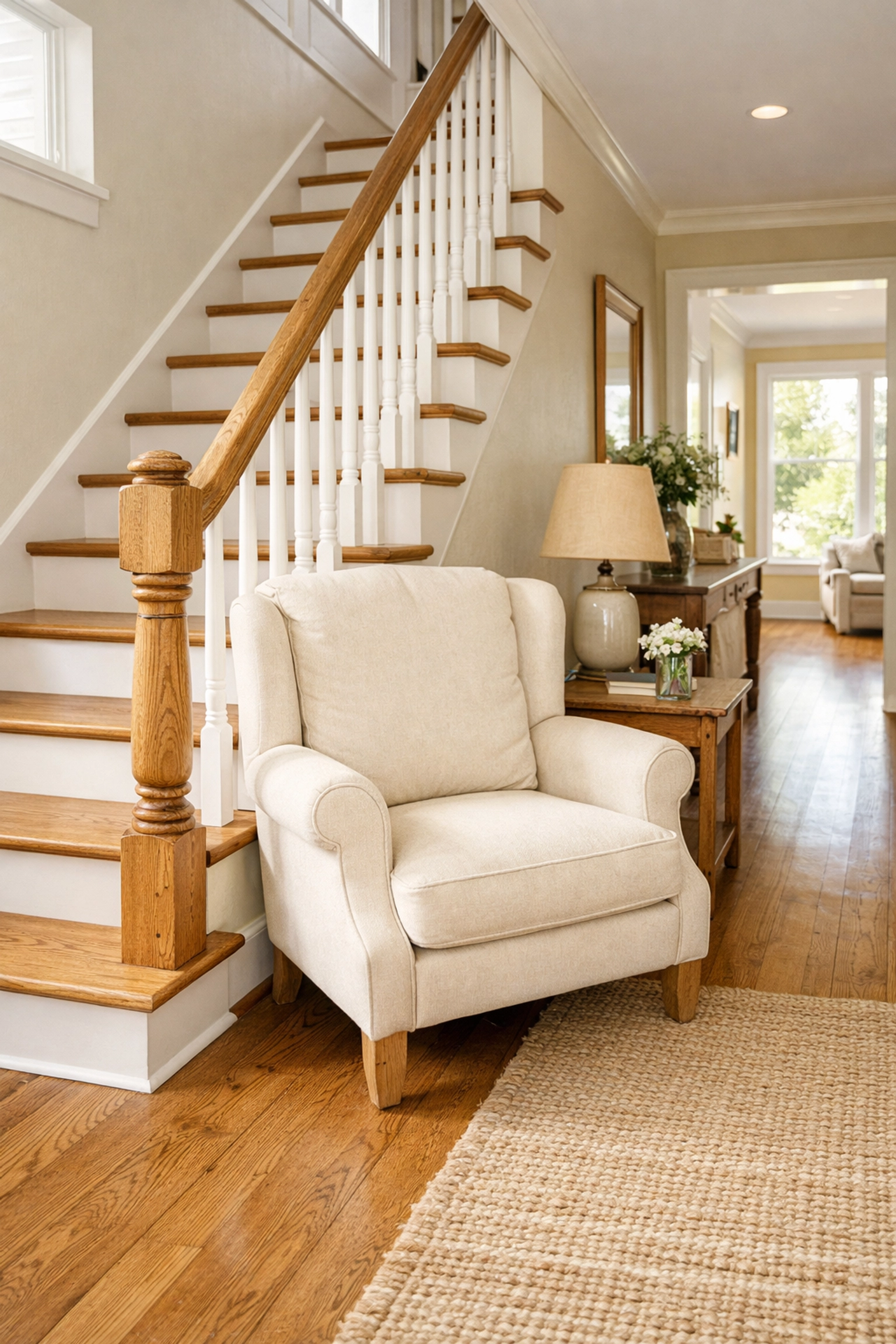 A comfortable armchair positioned at the base of a staircase as a safe rest point for seniors.