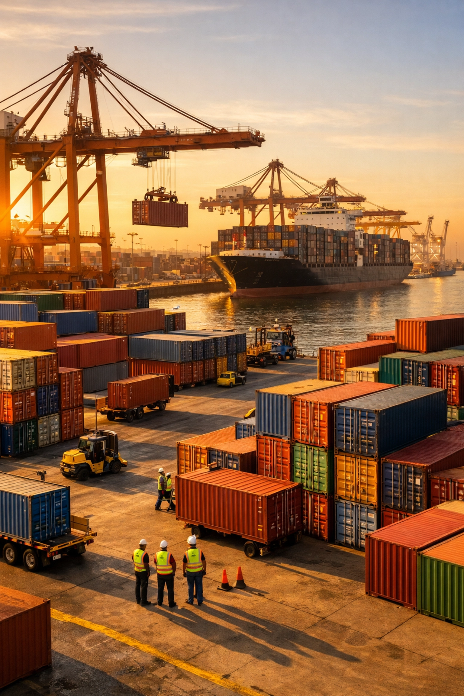 International shipping port with stacked containers and cranes consolidating LCL sea freight cargo