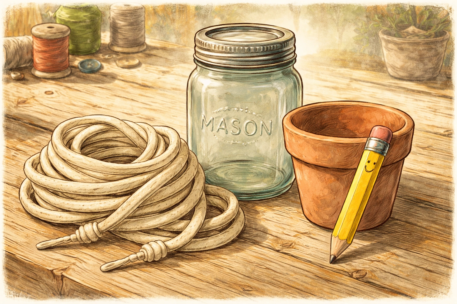 DIY self-watering system materials including old cotton shoelaces, mason jar, terracotta pot, and pencil