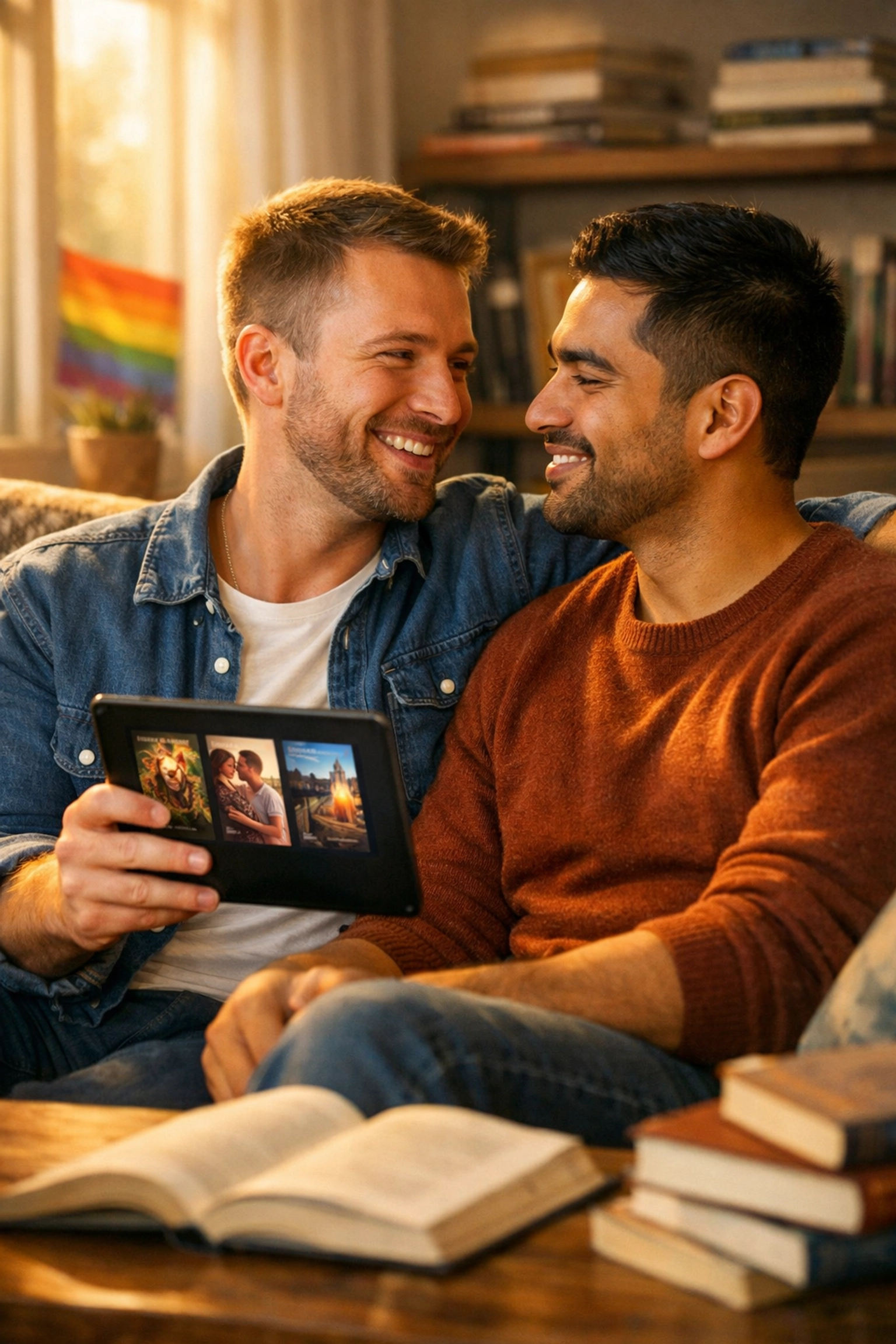 Gay couple enjoying MM romance books together, representing community connection