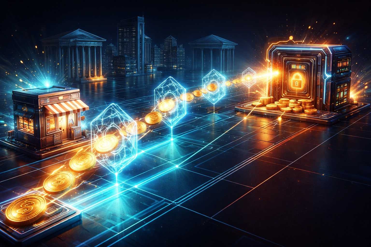 Digital payment transaction flowing securely from storefront to merchant vault via blockchain, illustrating reduced merchant interchange fees and Web3 global payments without traditional banks.