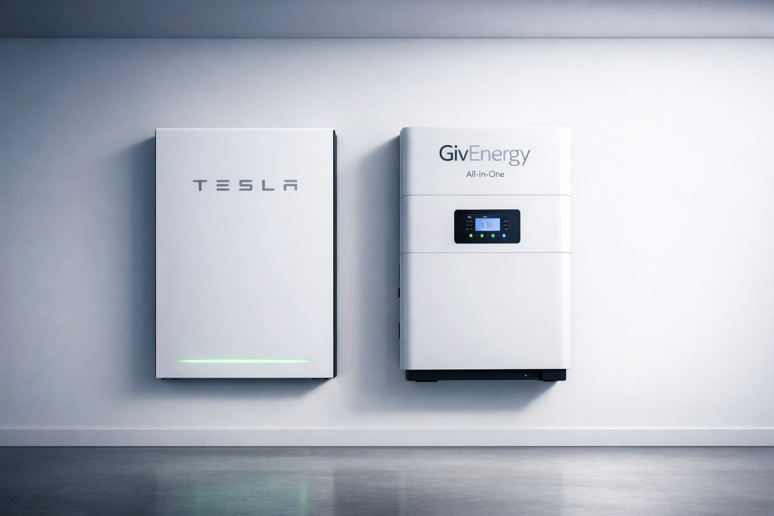 Tesla Powerwall 3 and GivEnergy All-In-One solar batteries installed in a modern UK utility room.