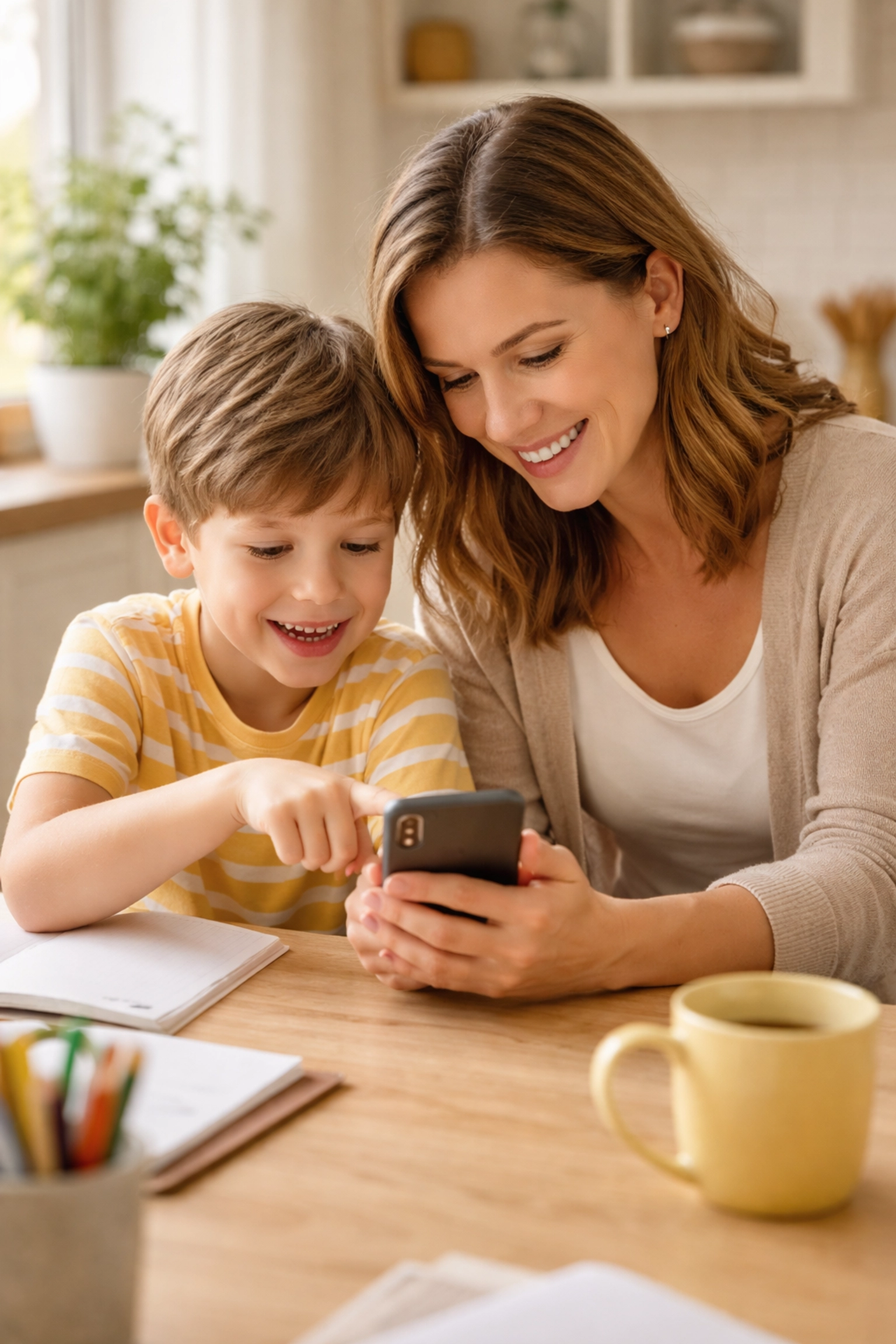 Moeder en kind lezen samen begrijpend een appje op de smartphone aan de keukentafel