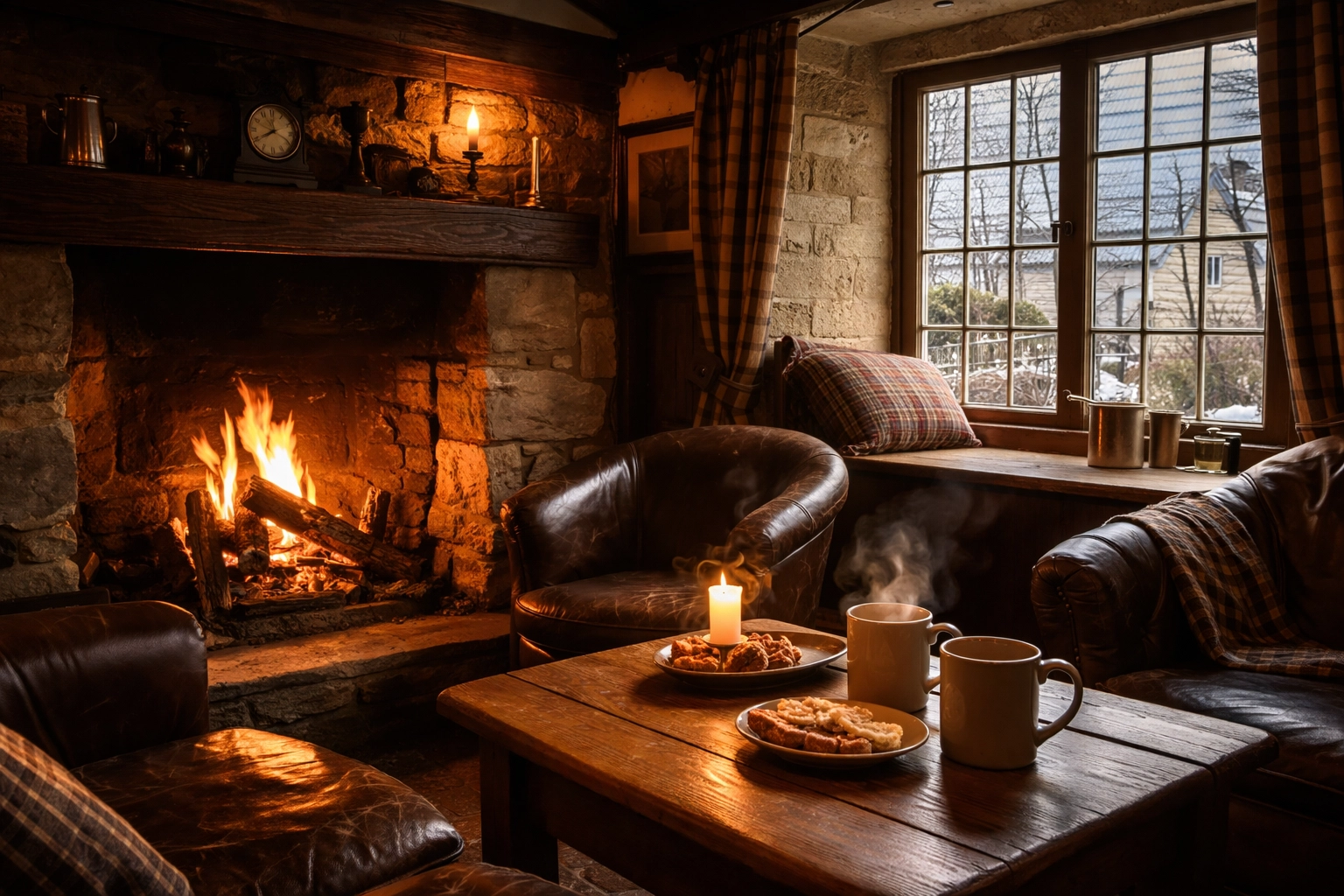 Cozy Cotswolds pub interior with roaring fireplace and frosted window, perfect winter tour stop