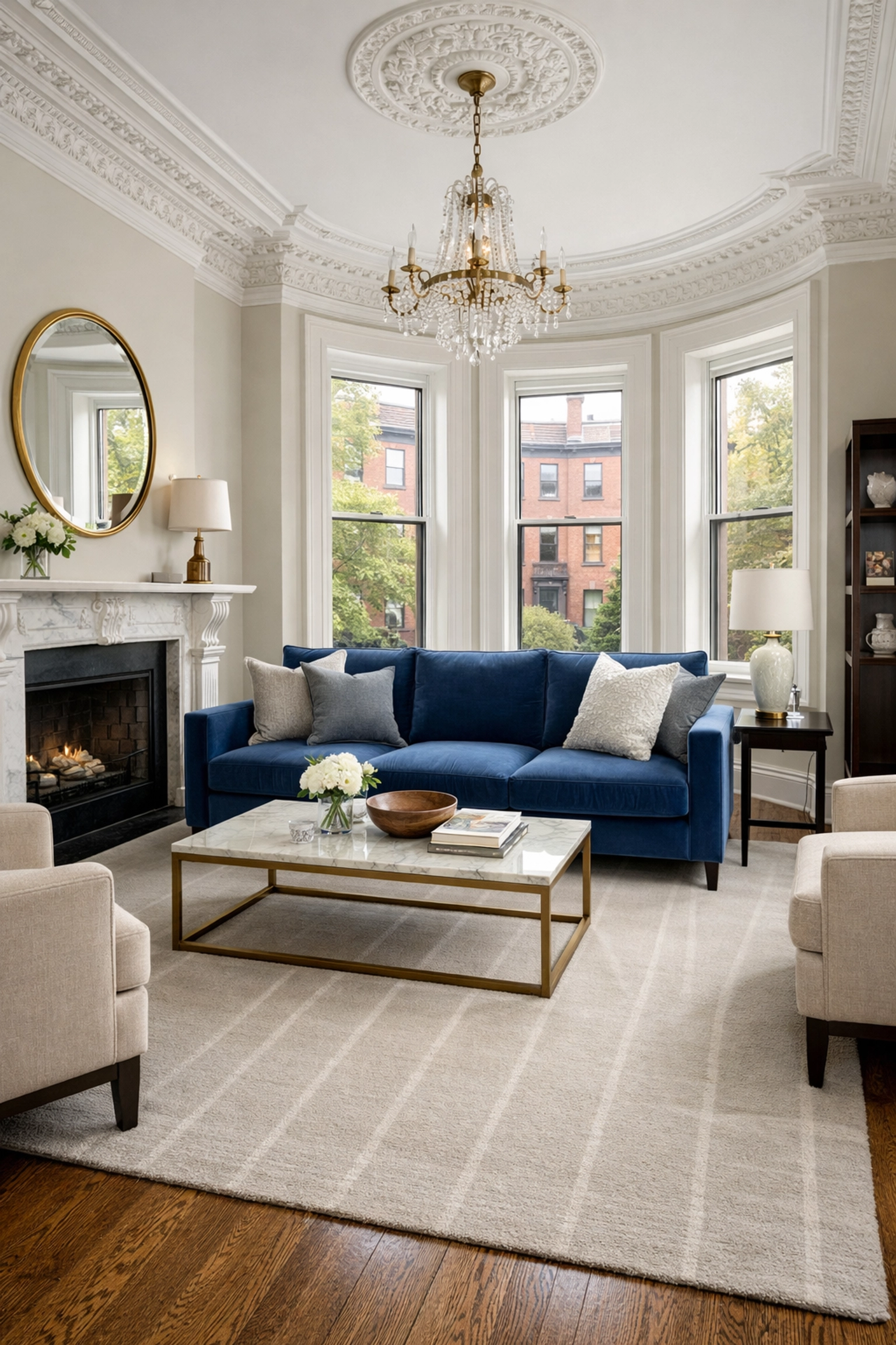 Staged South End Boston living room with detailed crown molding from professional deep cleaning services.