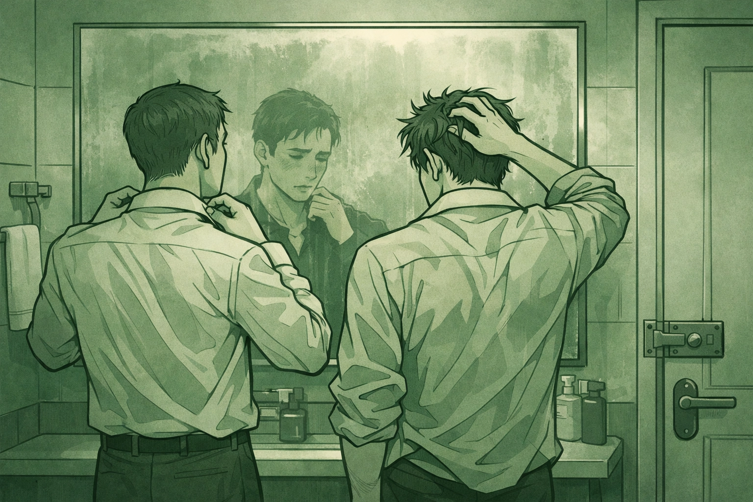 Two men straightening clothes after bathroom hookup - vulnerable aftermath in MM romance