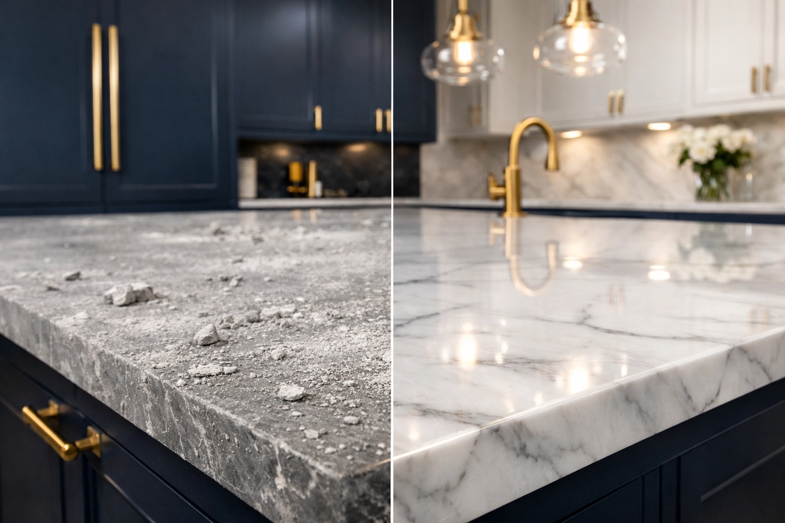Before and after comparison of marble counters during post-construction cleaning in Franklin to remove construction dust.