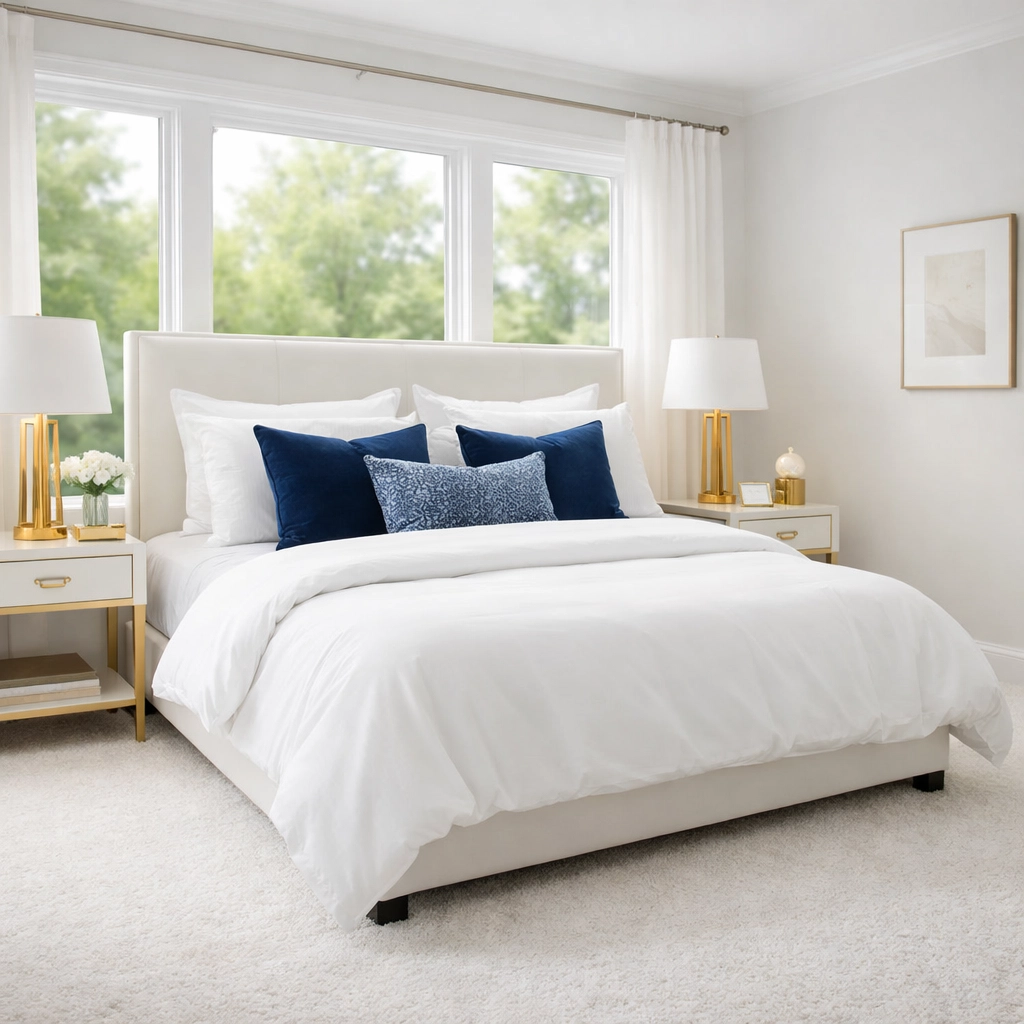 Clean master bedroom in Dover showcasing the results of expert residential cleaning Massachusetts.