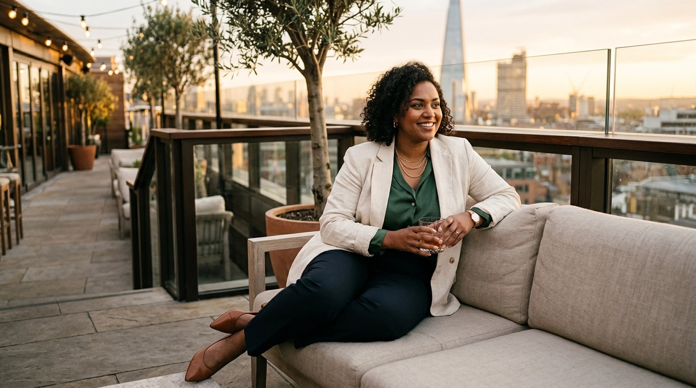 A stylish professional woman of diverse ethnic background and fuller body shape on an elegant rooftop terrace at sunset, captured in a relaxed, authentic pose with a chic wardrobe and a premium casual elegant lifestyle aesthetic.