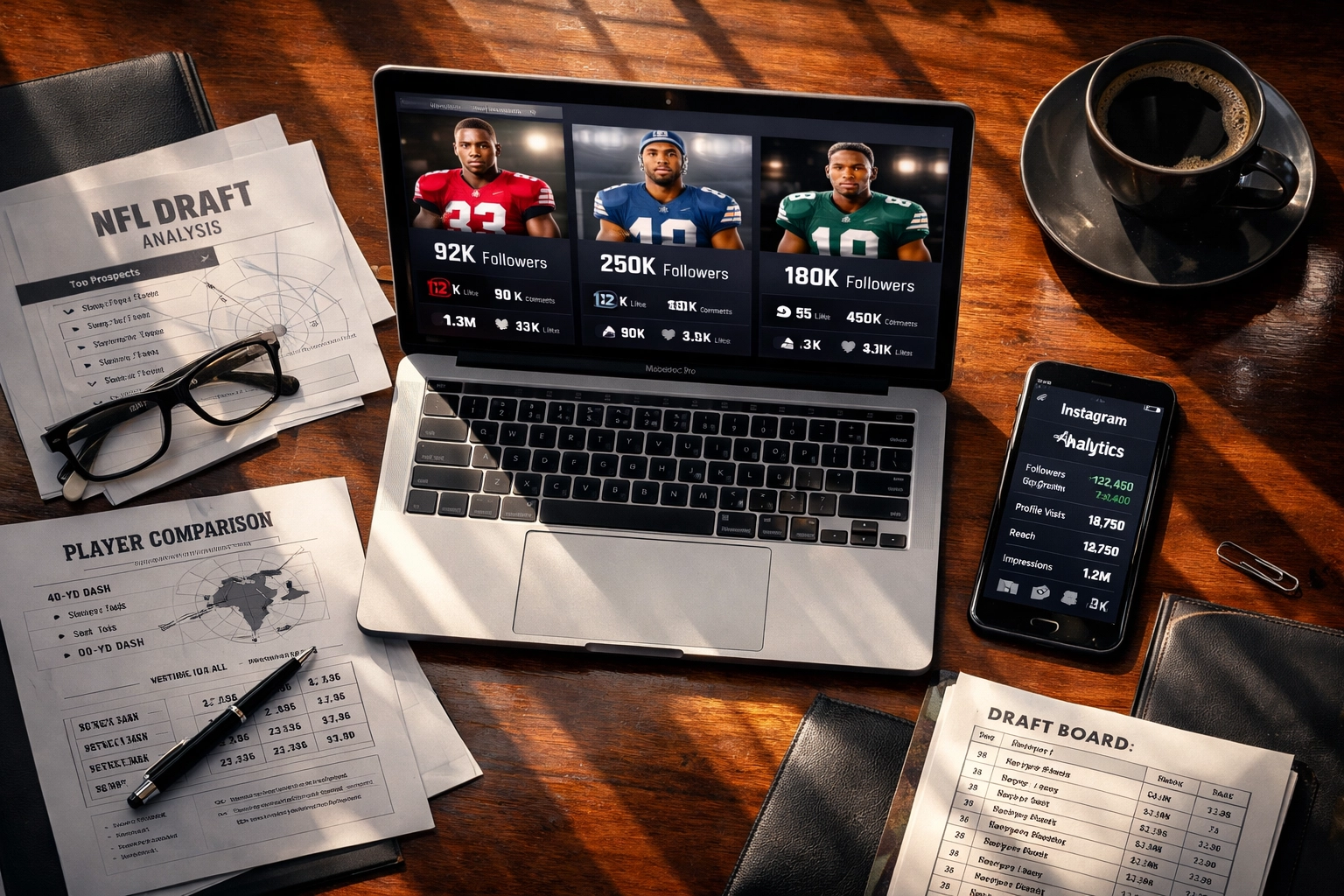 Brand executive analyzing NIL athlete marketing data and NFL draft strategy