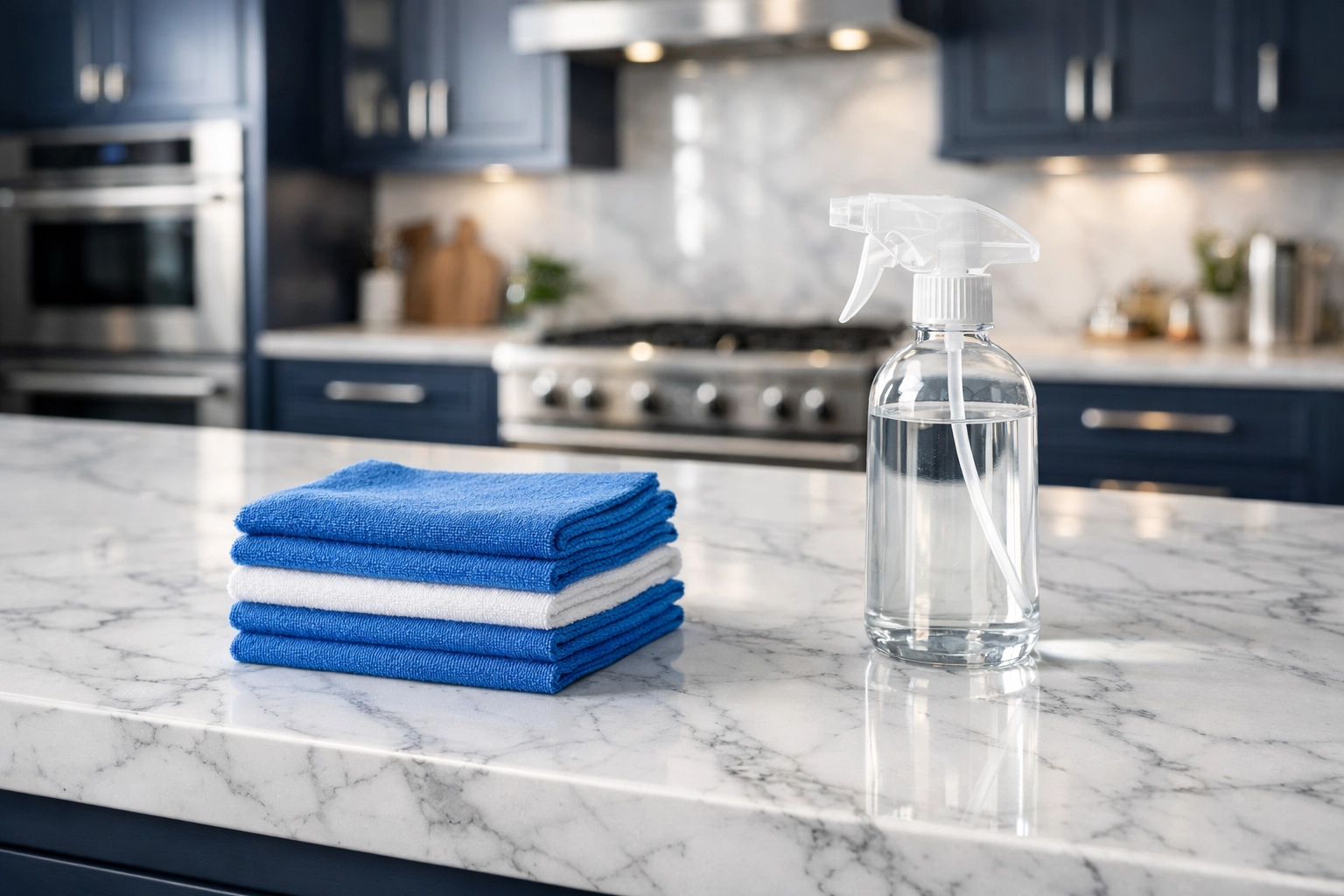 Marble kitchen counter and supplies illustrating professional weekly house cleaning in Reading service.
