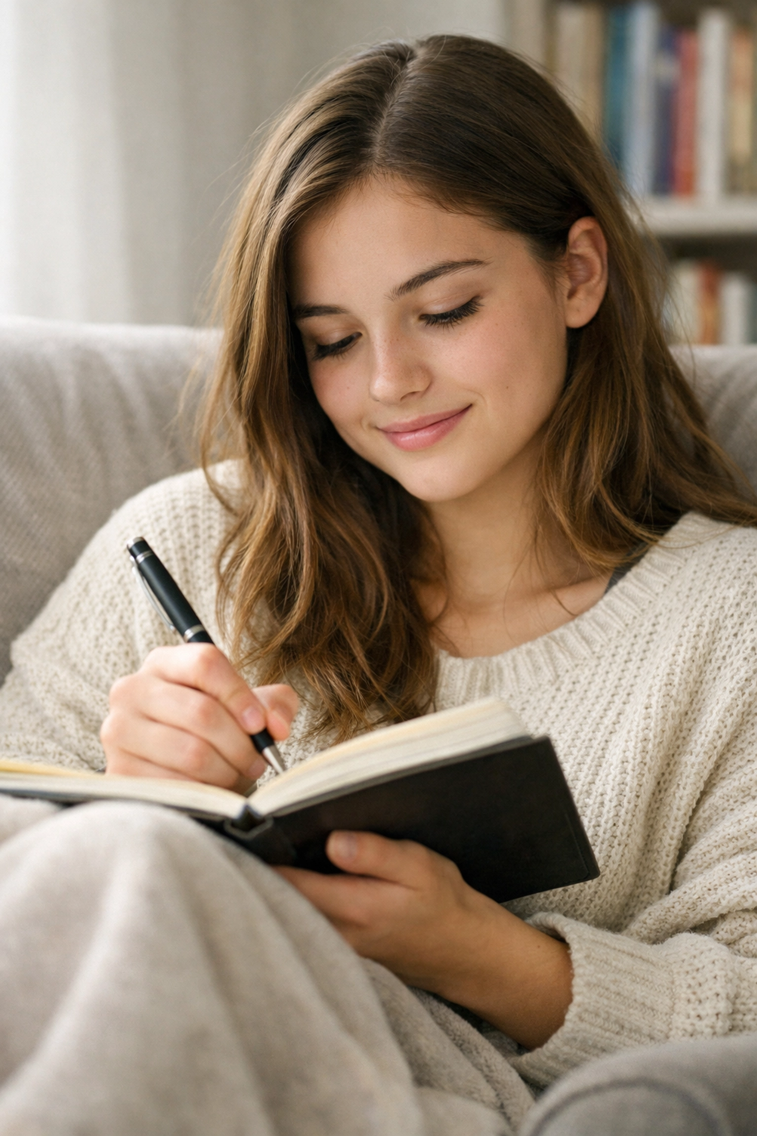 Teenage girl journaling in a safe learning environment, focusing on self-discovery and healing.