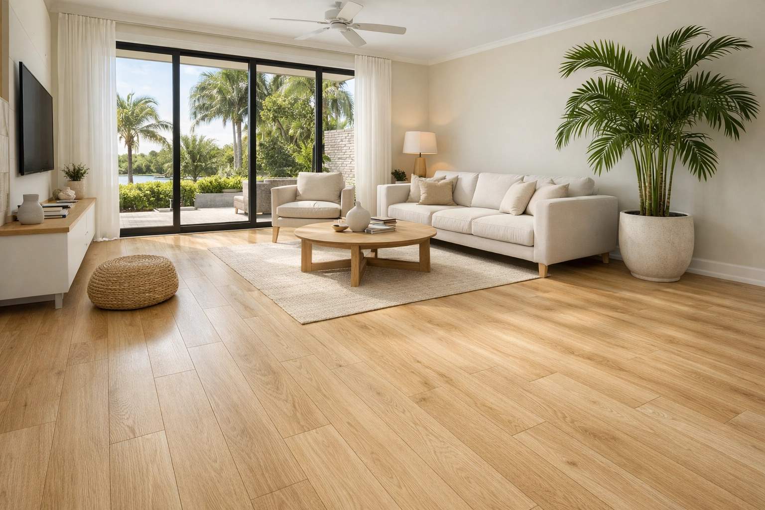 Waterproof Luxury Vinyl Plank flooring renovation in a bright, modern Orlando living room.