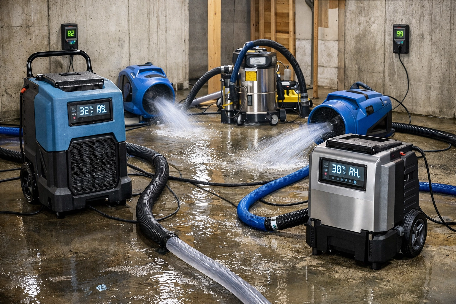 Industrial dehumidifiers and air movers drying water-damaged basement with professional equipment