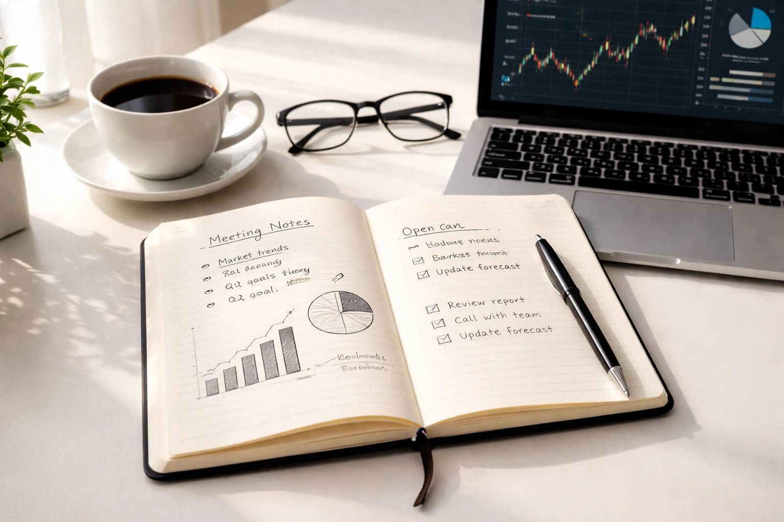 Open notebook and laptop with financial charts, highlighting tax review and preparation for clients.