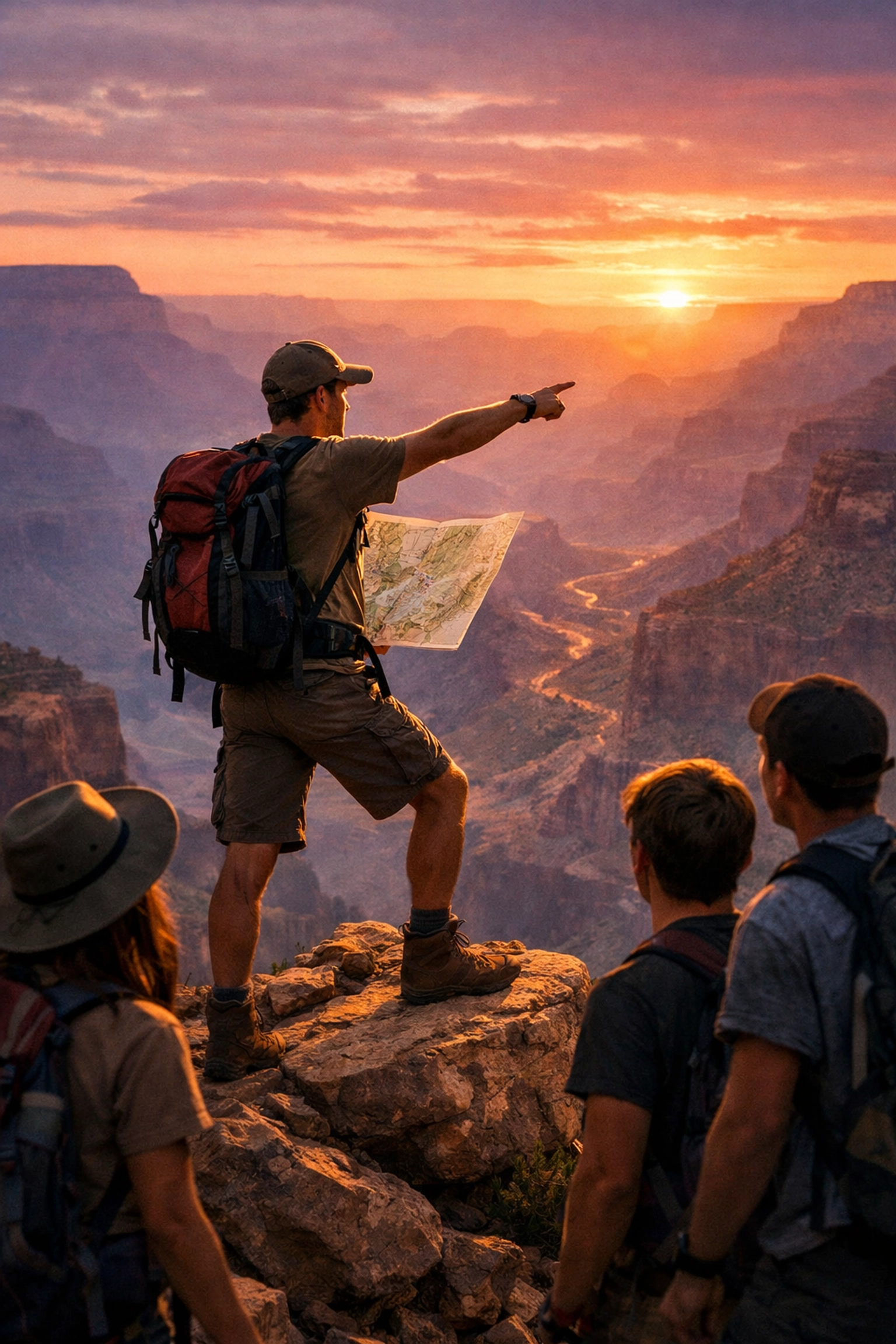 Student leader guiding peers with a map during a Grand Canyon educational and leadership expedition.