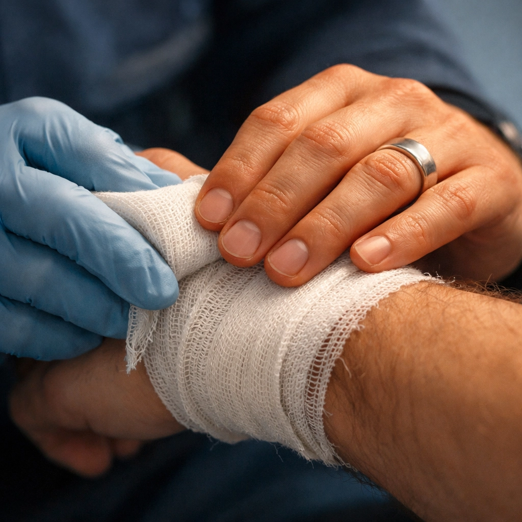First responder bandaging man's wrist showing tender care in gay romance story