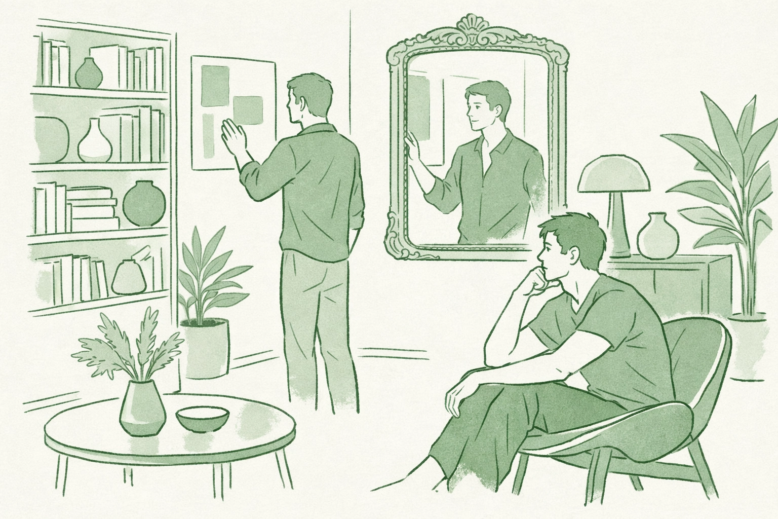 Two men in curated apartment exploring self-devotion in MM romance and gay literature