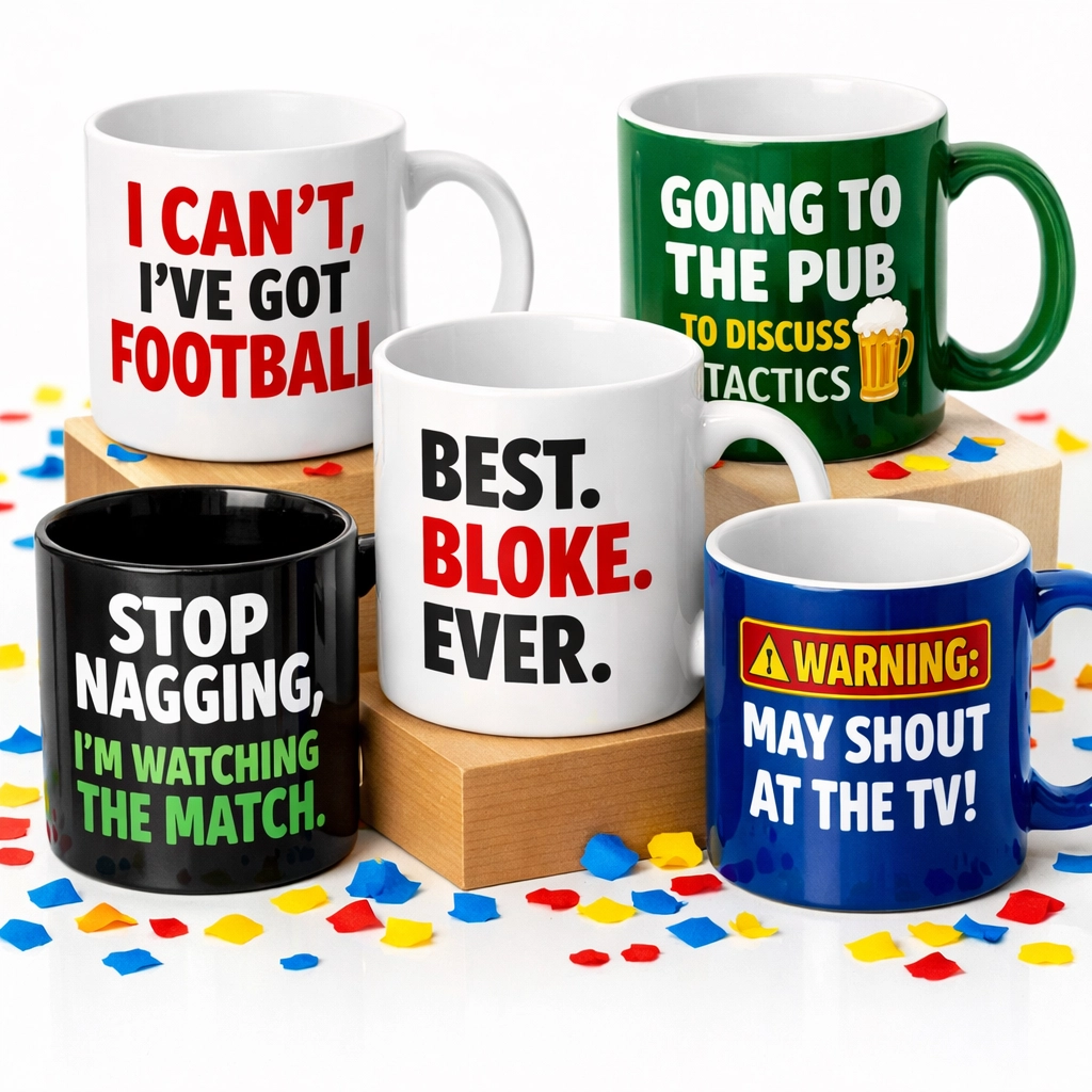 Selection of funny mugs for men featuring humorous football banter and cheeky gift ideas.