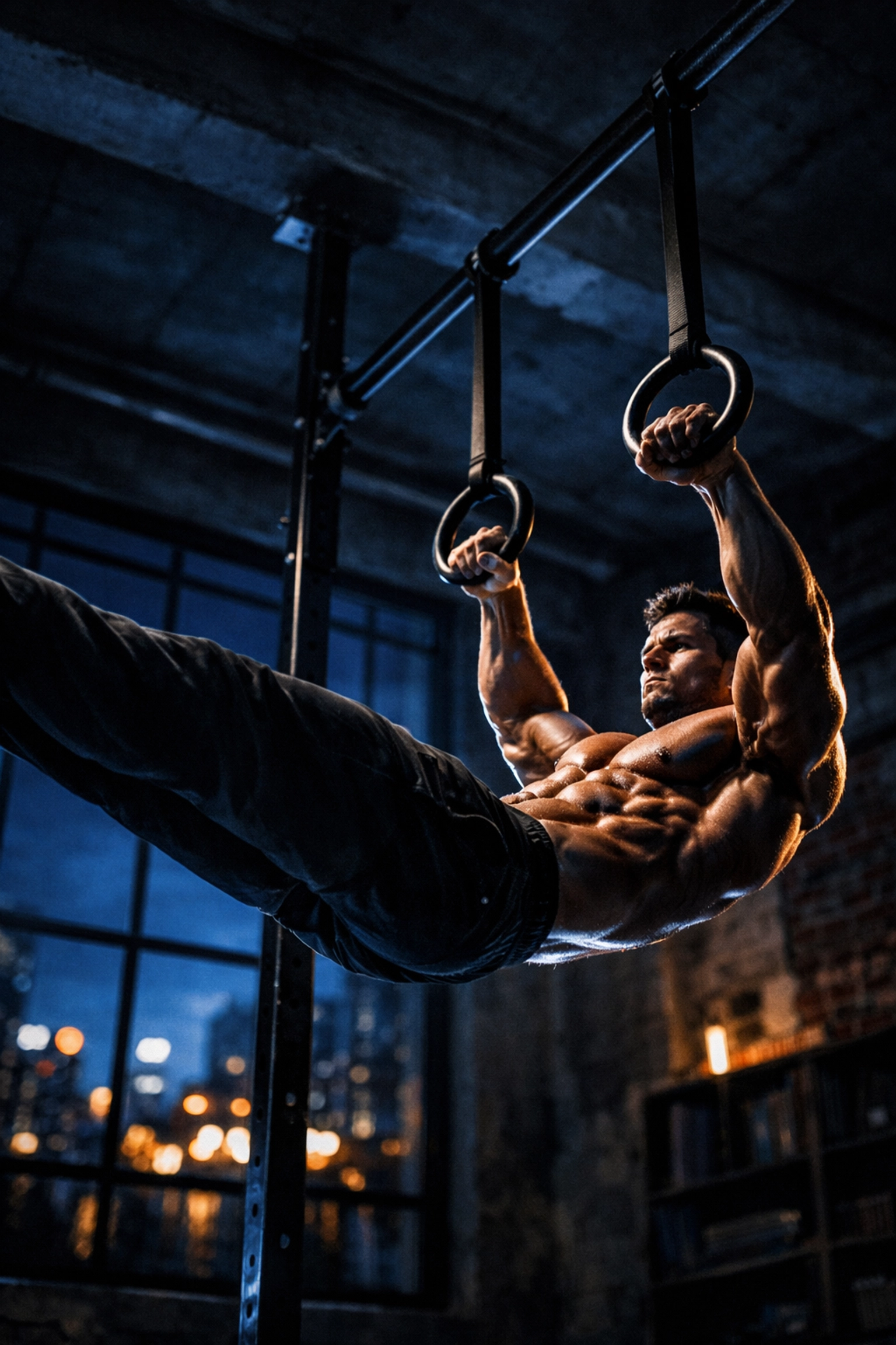 Athlete performing a front lever on calisthenics equipment for home using a vertical rail and gym rings.