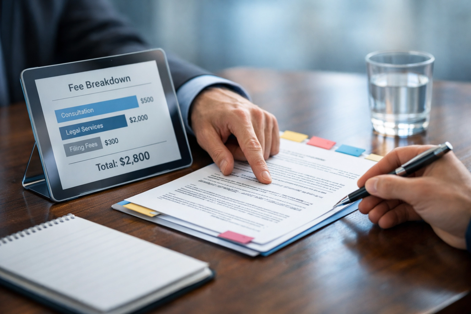 Divorce attorney explaining transparent legal fees to client during consultation