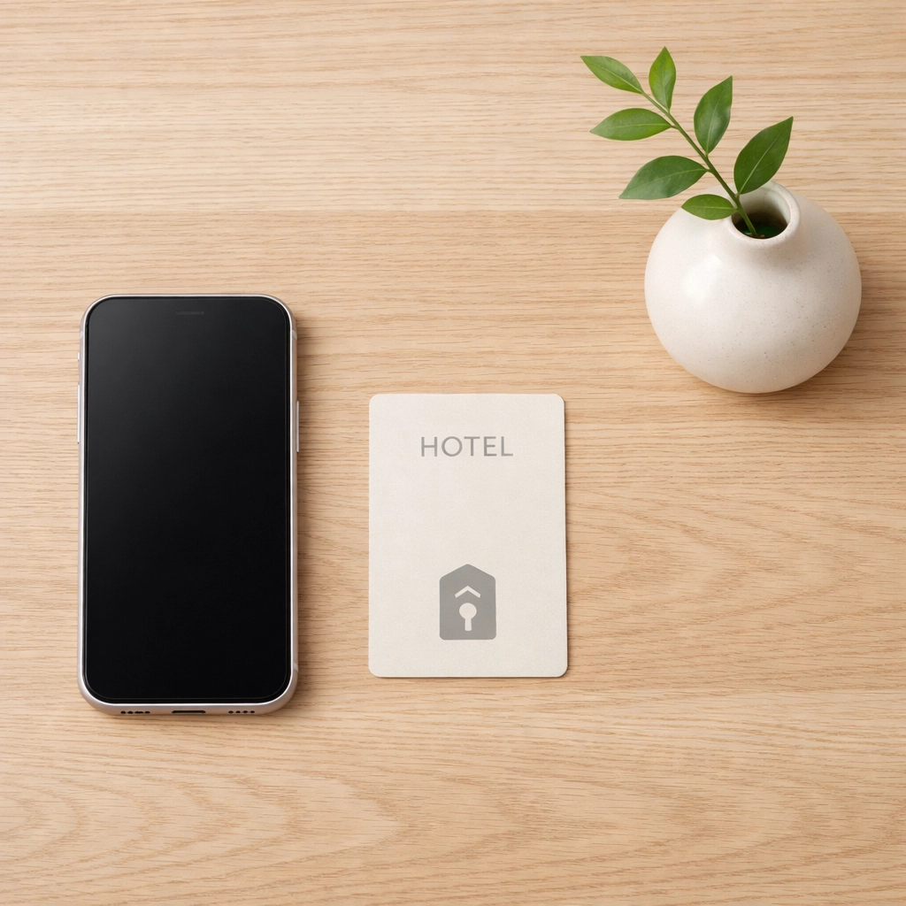 Smartphone and hotel key card on a desk highlighting cloud-native hotel pms mobility.