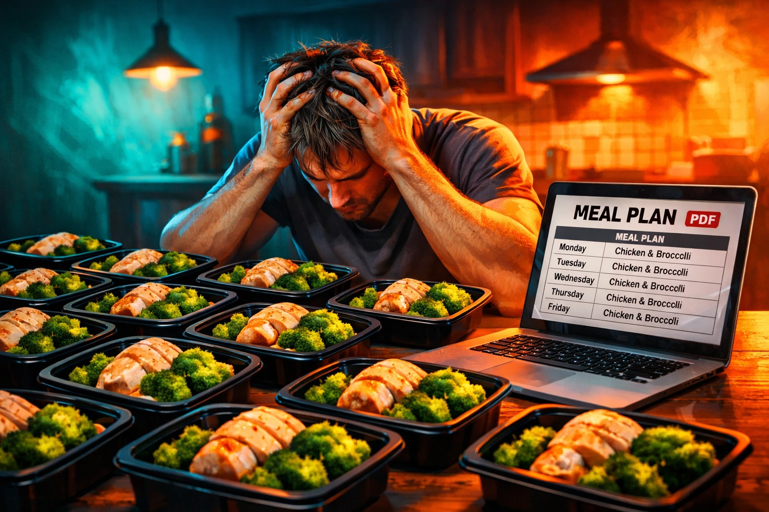 Frustrated person surrounded by identical meal prep containers showing why generic meal plans fail