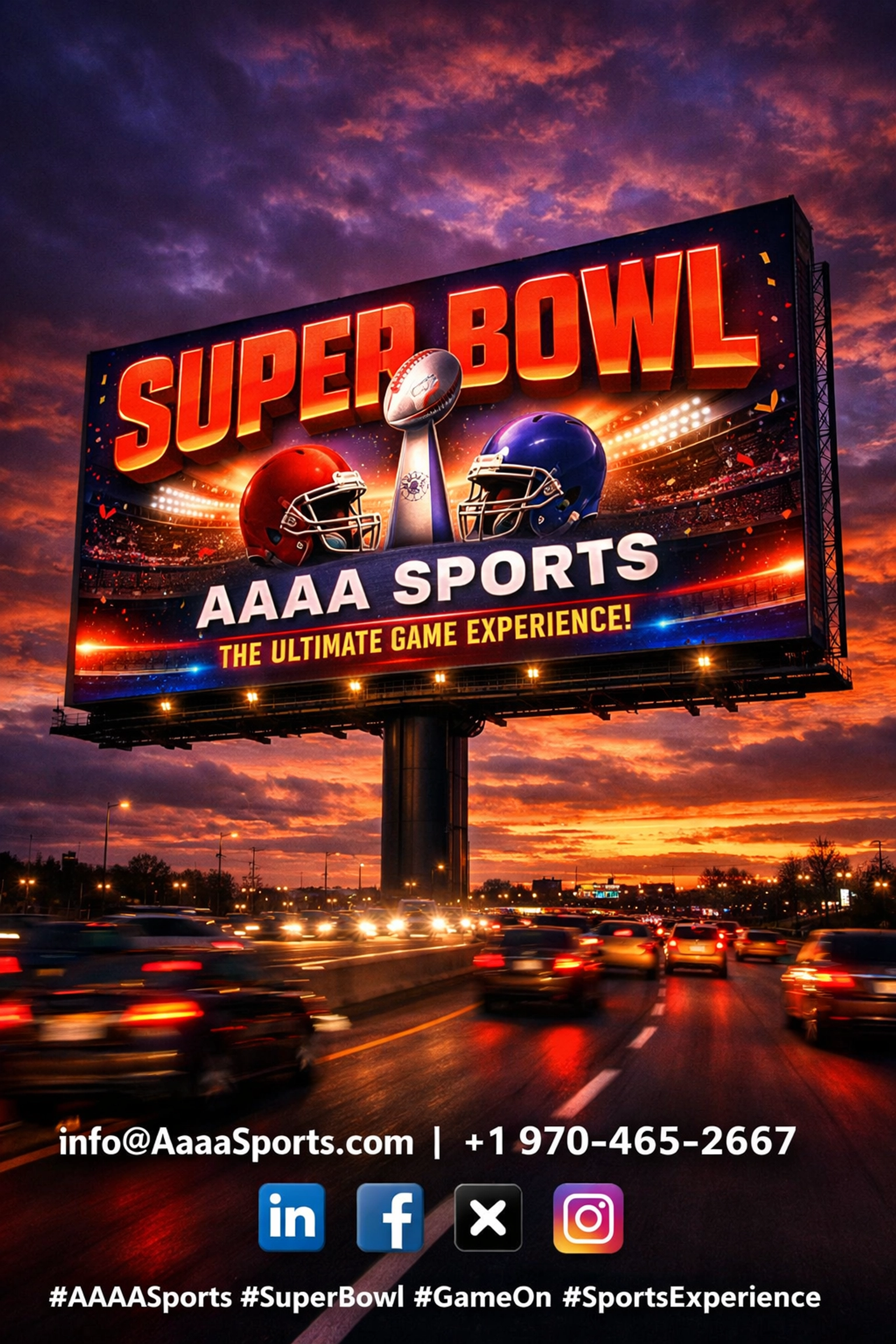 Super Bowl billboard advertisement on highway during sunset with traffic light trails