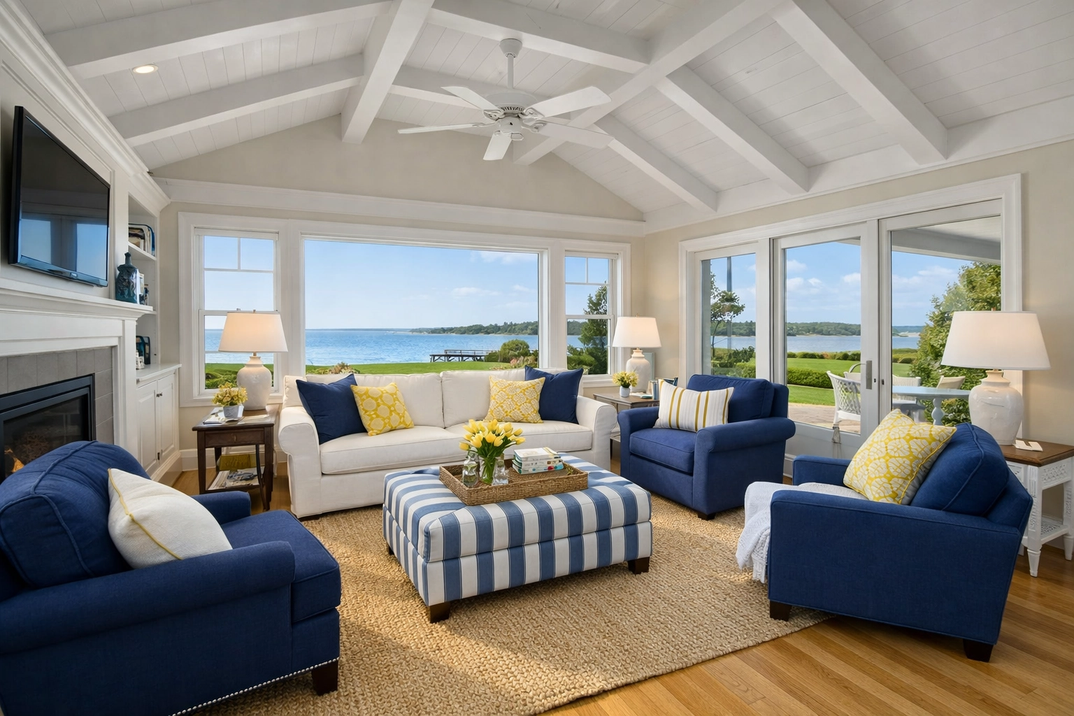 A pristine, dust-free coastal living room in Duxbury showing professional residential cleaning results.