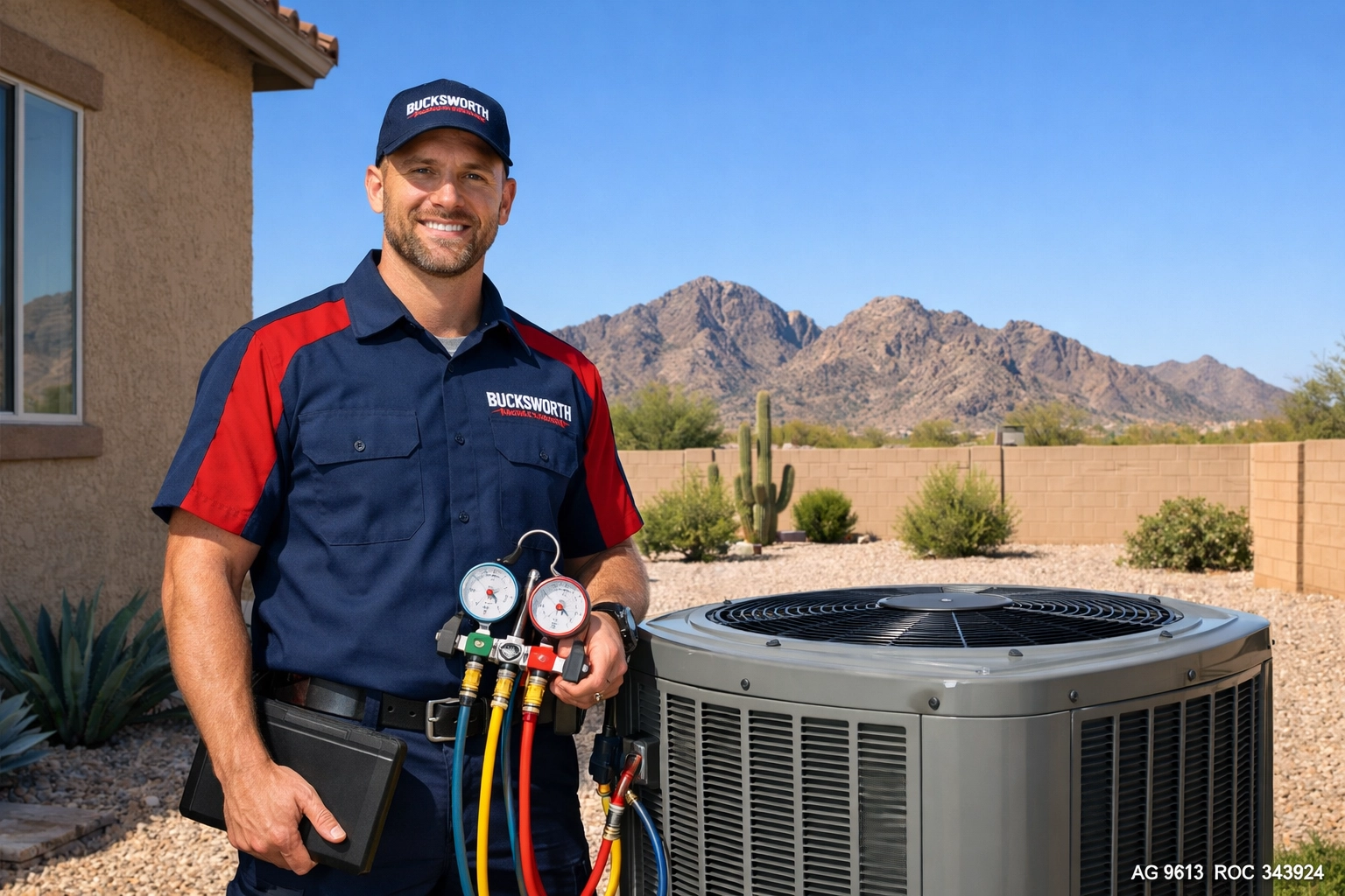 Bucksworth technician performing a Buckeye AC tune-up next to an outdoor cooling unit in Arizona.