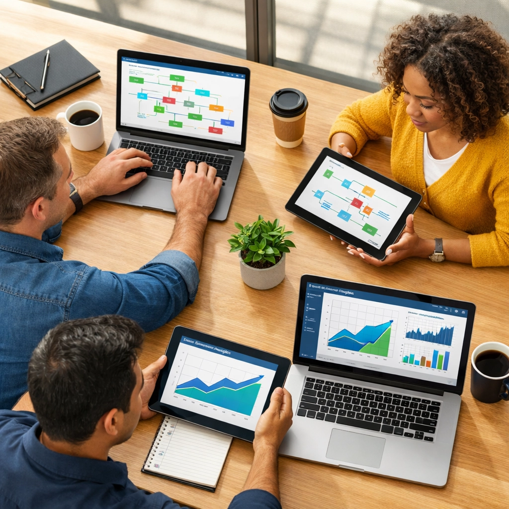 IT professionals collaborating on ServiceNow automation workflows in conference room