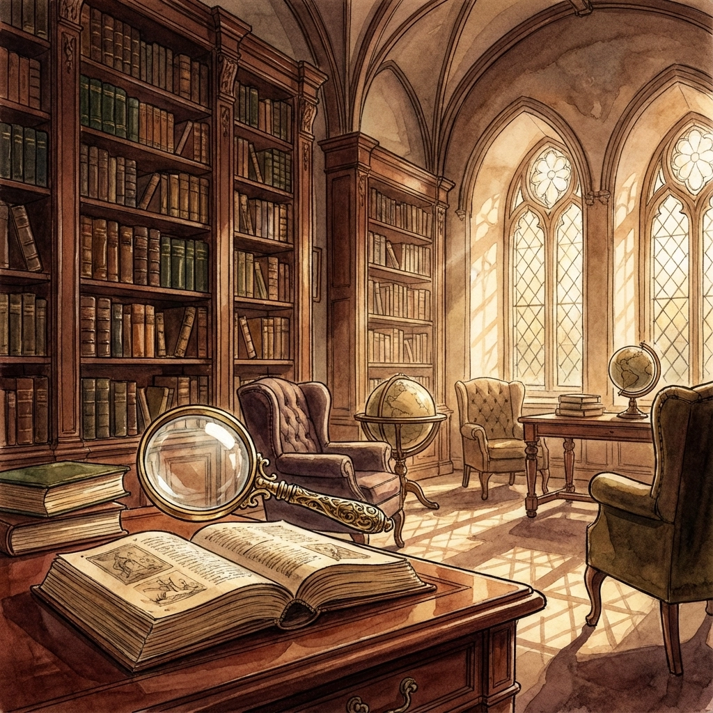 Sunlit private library with antique bookshelves, reading chairs, and an open book on a wooden table, representing thoughtful research and the creation of a lead generation book.