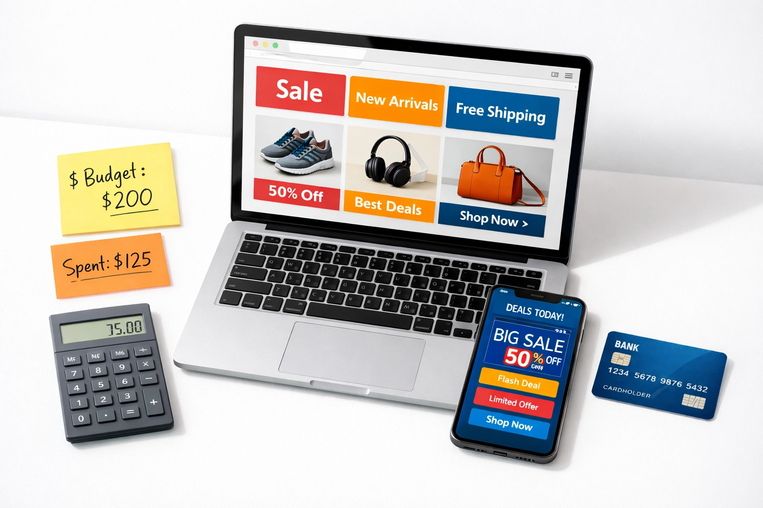 Essential online shopping tools including laptop, smartphone, and calculator for finding best deals