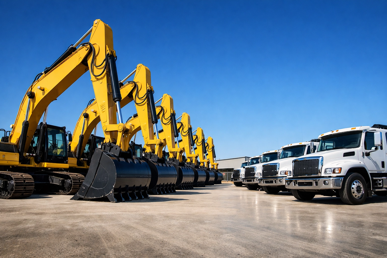 Fleet of construction excavators and trucks in a Dallas yard, illustrating equipment leasing tax strategies.