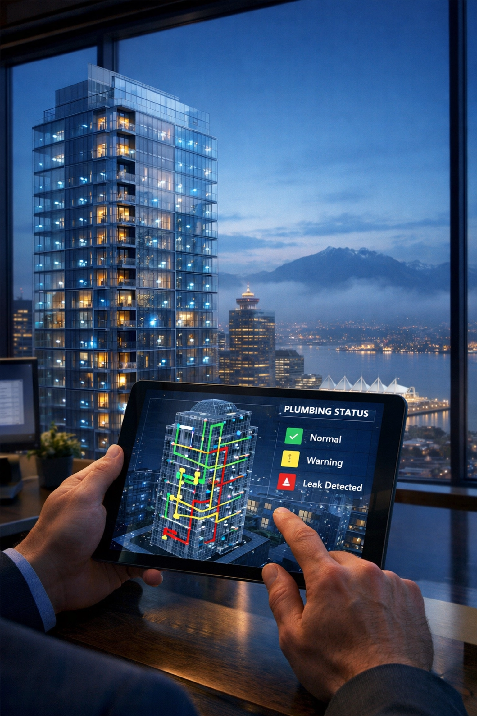 Property manager monitoring a Vancouver high-rise water leak detection system on a tablet for real-time protection.