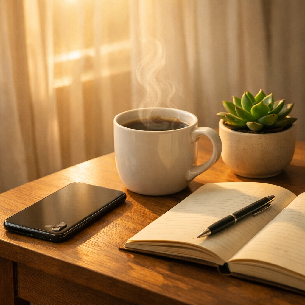 Phone face-down on nightstand with coffee and journal for anxiety-free morning routine