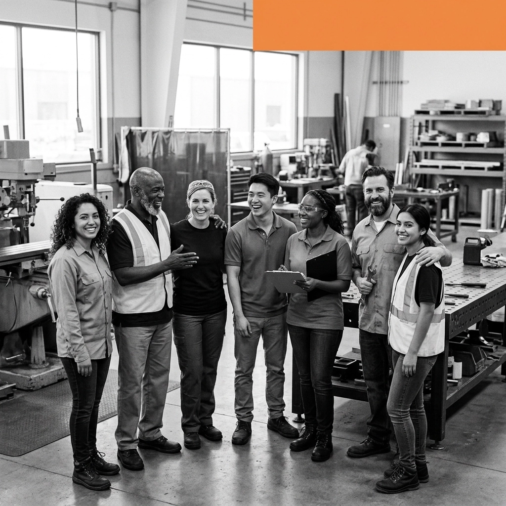 A desaturated, high-contrast photograph of empowered employees