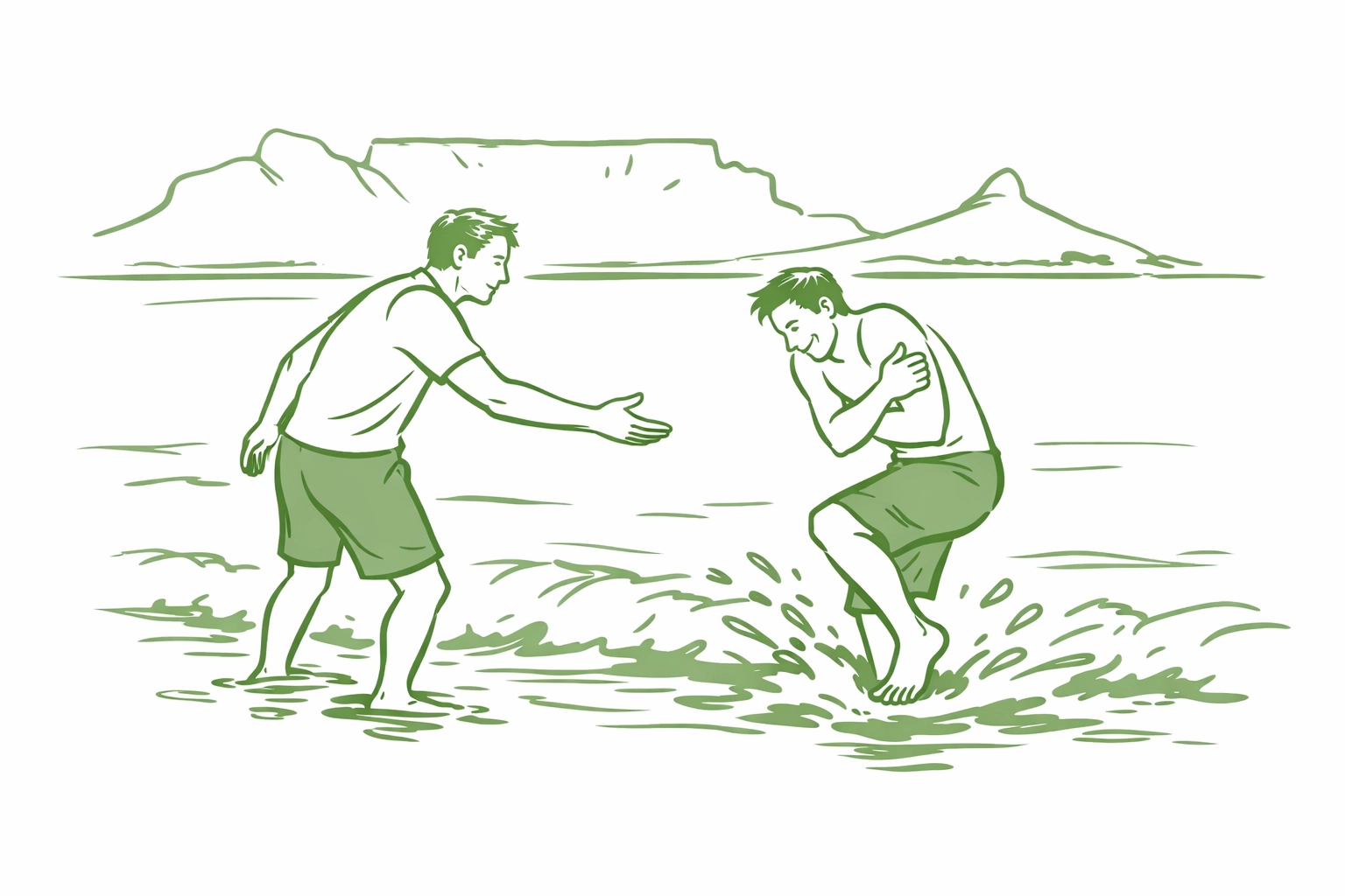 Two men entering cold Atlantic Ocean waters together at Clifton 3rd Beach