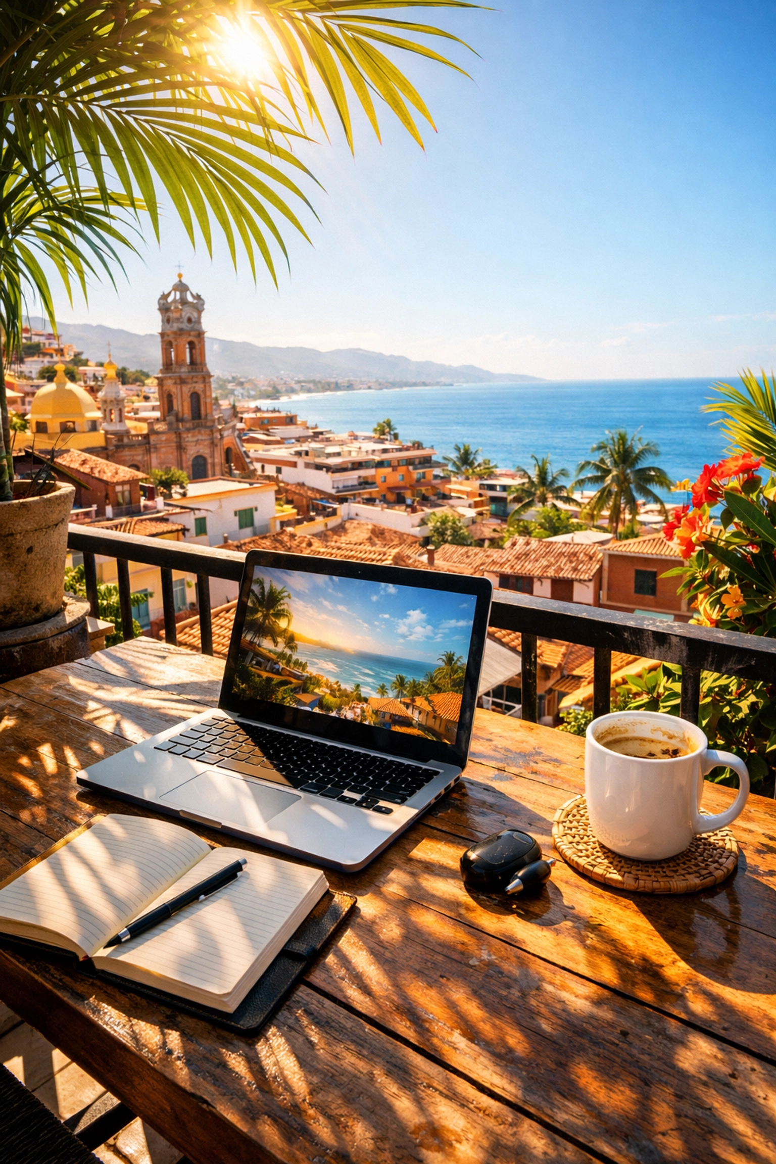 Laptop workspace on balcony overlooking Puerto Vallarta Old Town rental condo rooftops