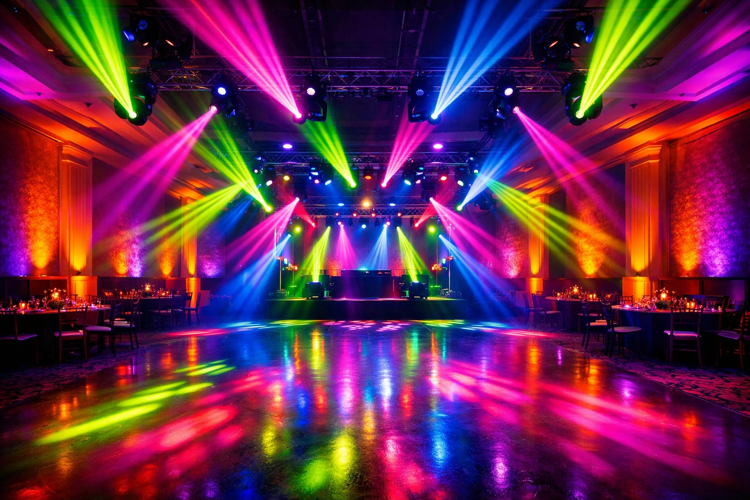 Vibrant intelligent lighting and venue uplighting for an Atlanta wedding reception.