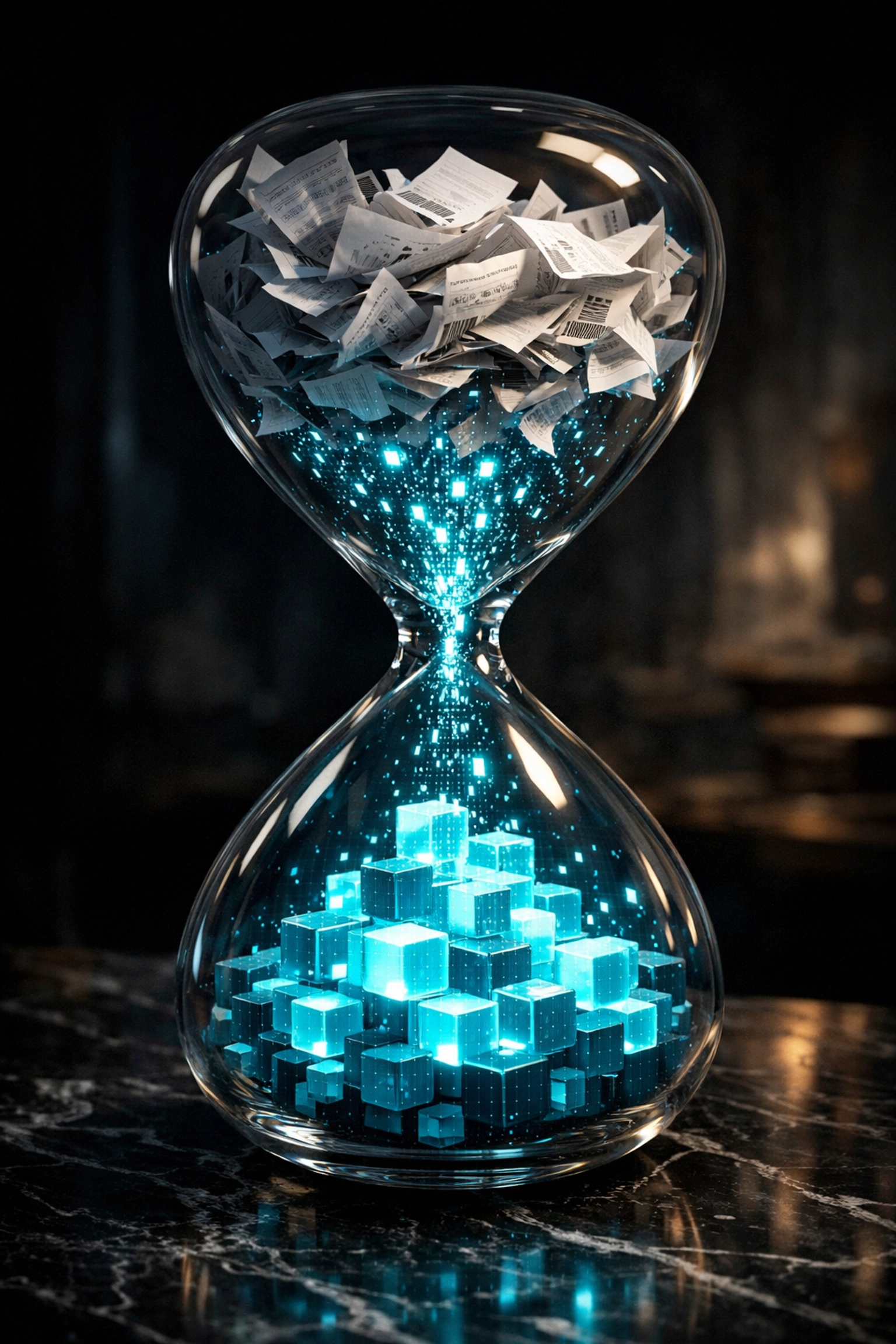AI Automation for Small Business Secrets Revealed: What Experts Don't Want You to Know 2 Hourglass transforming messy paper documents into organized digital data cubes for business process automation.